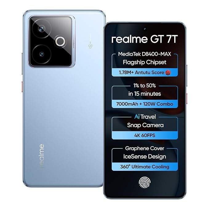 realme GT 7T (IceSense Blue,8GB+256GB) | MediaTek D8400 MAX | Strongest Battery Combo 7000mAh + 120W | AI 4K 60FPS Travel Camera | 360° Cooling IceSense Design with Graphene | 6000 nits Display