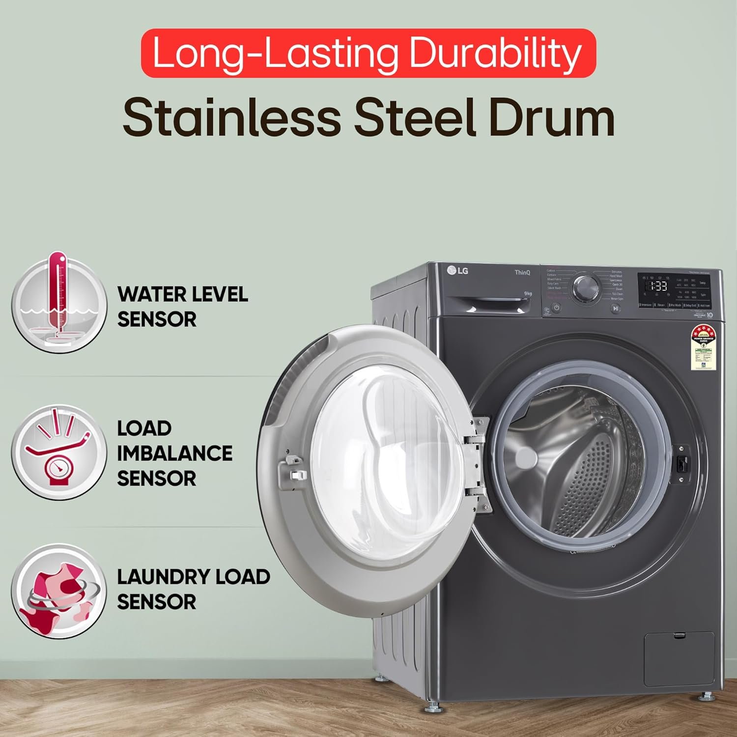 LG 9 Kg, 5 Star, AI Direct Drive Technology, Steam, 6 Motion DD & Wi-Fi Fully-Automatic Front Load Washing Machine (FHP1209Z5M, Intelligent & Convenient Fabric Care, Allergy Care, Middle Black) - Image 3