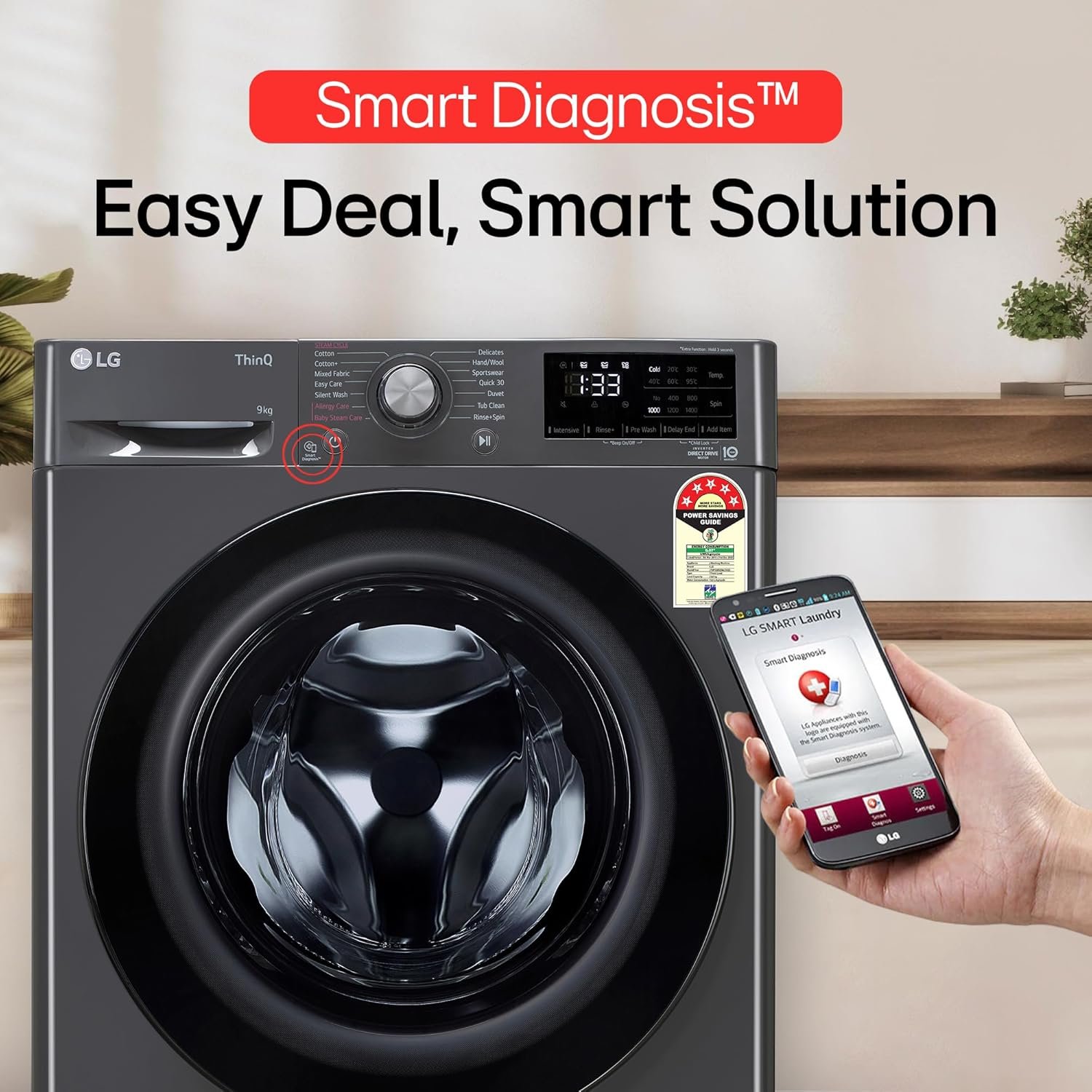 LG 9 Kg, 5 Star, AI Direct Drive Technology, Steam, 6 Motion DD & Wi-Fi Fully-Automatic Front Load Washing Machine (FHP1209Z5M, Intelligent & Convenient Fabric Care, Allergy Care, Middle Black) - Image 7